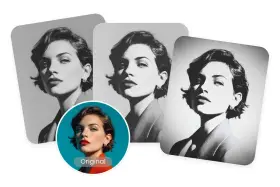 Trois portraits d'une femme en **couleur noir et blanc**, montrant différentes intensités de gris. L'original est en couleur.