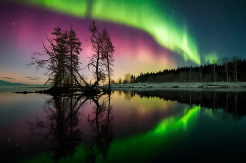 Une aurore boréale spectaculaire illumine le ciel de verts et de roses au-dessus d'un lac calme reflétant le paysage et les arbres dénudés.